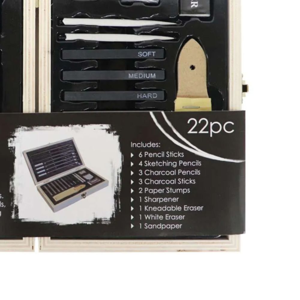 22pc Jasart Pencil/Charcoal Sketching Set w/ Wooden Travel Box
