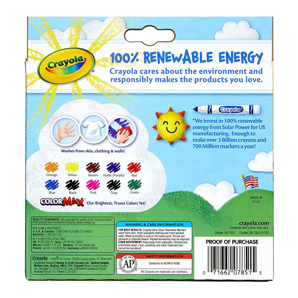 10pc Crayola Ultra Clean Classic Colours Washable Markers For Kids 4+