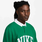 Men's Nike Club Fleece Polo Shirt Green Relaxed Fit Long Sleeve SRT378