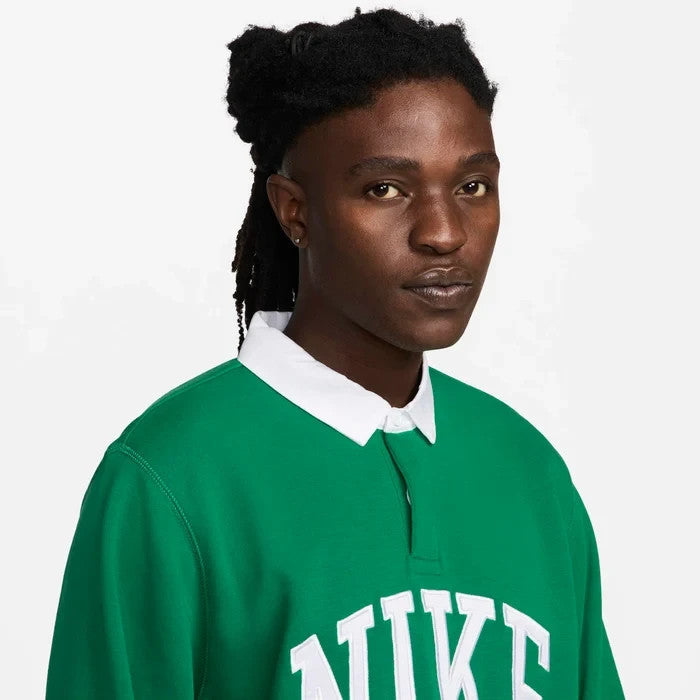 Men's Nike Club Fleece Polo Shirt Green Relaxed Fit Long Sleeve SRT378