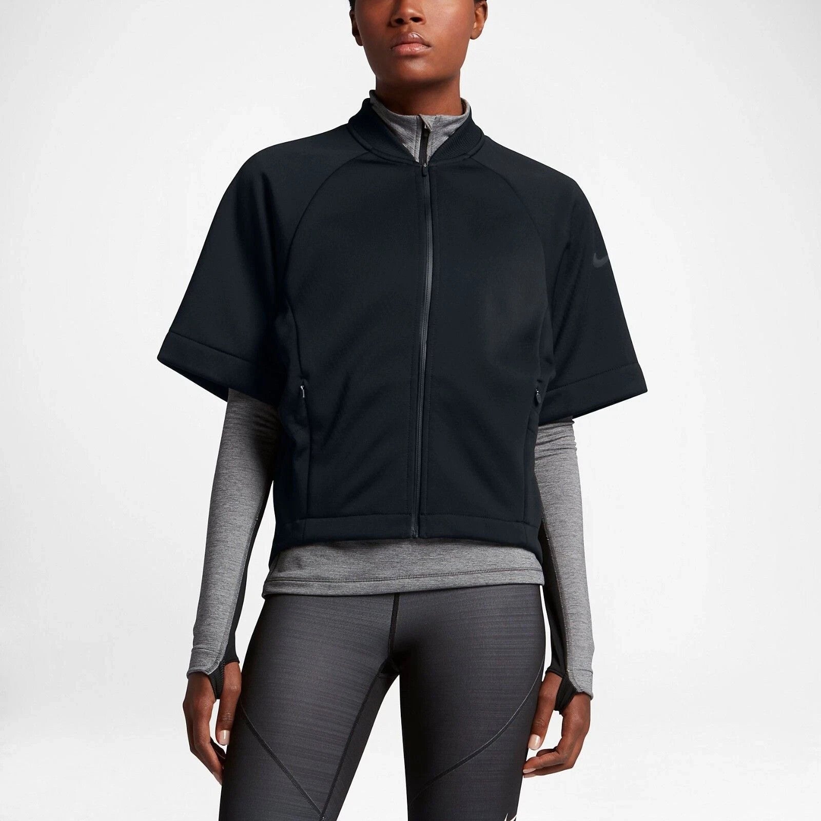Women's Nike Therma Sphere Jacket Black Short Sleeve Full Zip Active ASM105