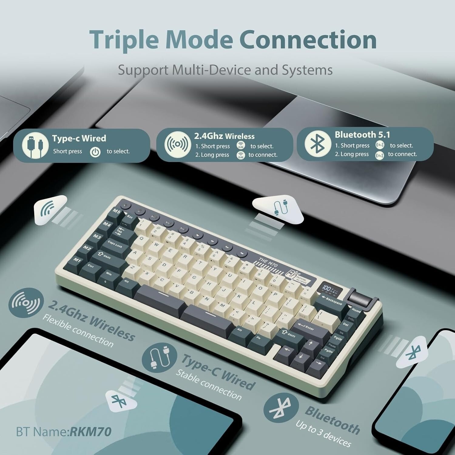 Royal Kludge RK M70 Tri Mode RGB Hot Swap Mechanical Keyboard with TFT Screen
