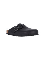 Slip-On Mules with Rounded Toe and Metal Buckle Detail
