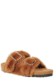 Caramel Shearling Slippers With Adjustable Double Strap