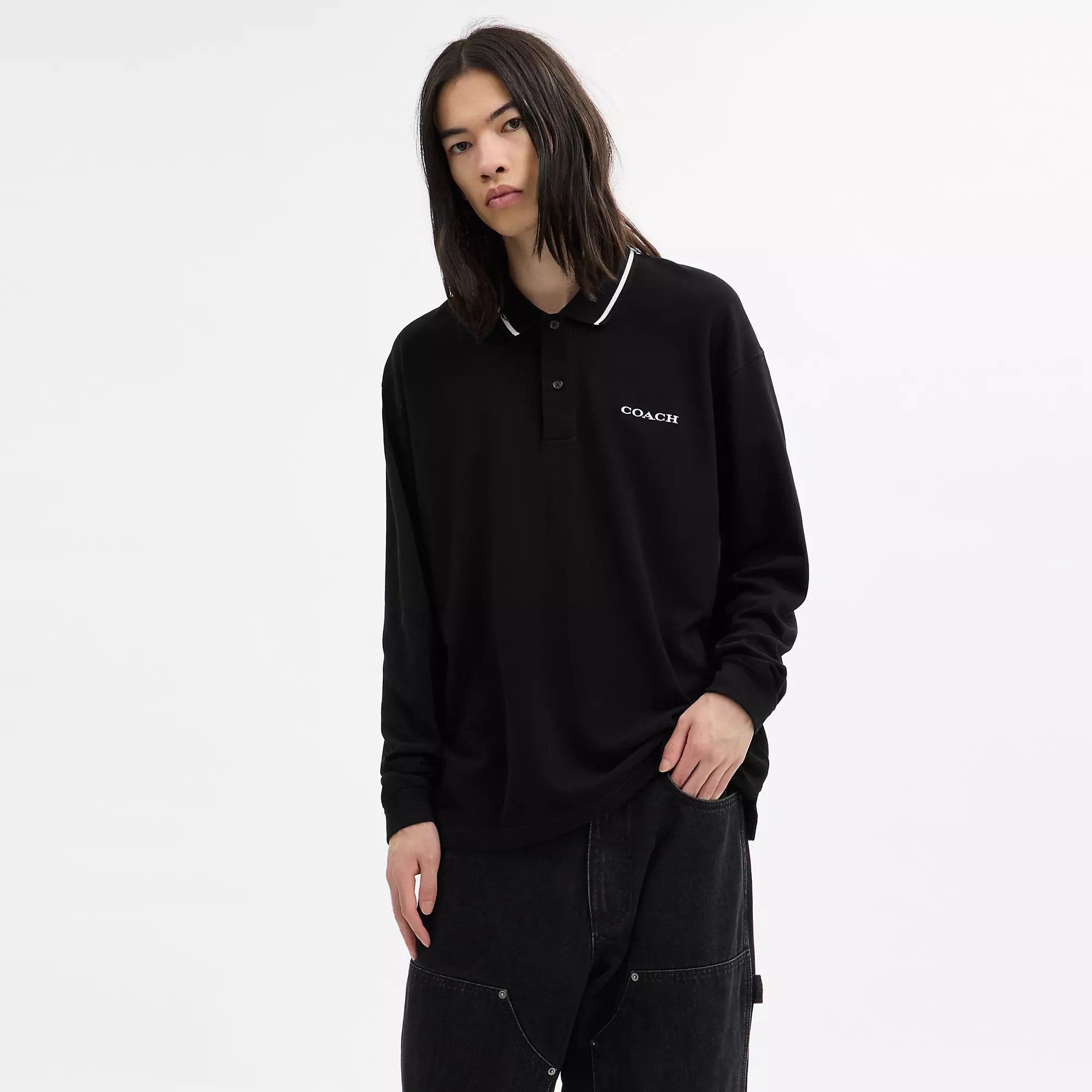 Coach Outlet Signature Trim Long Sleeve Polo In Regenerative Cotton