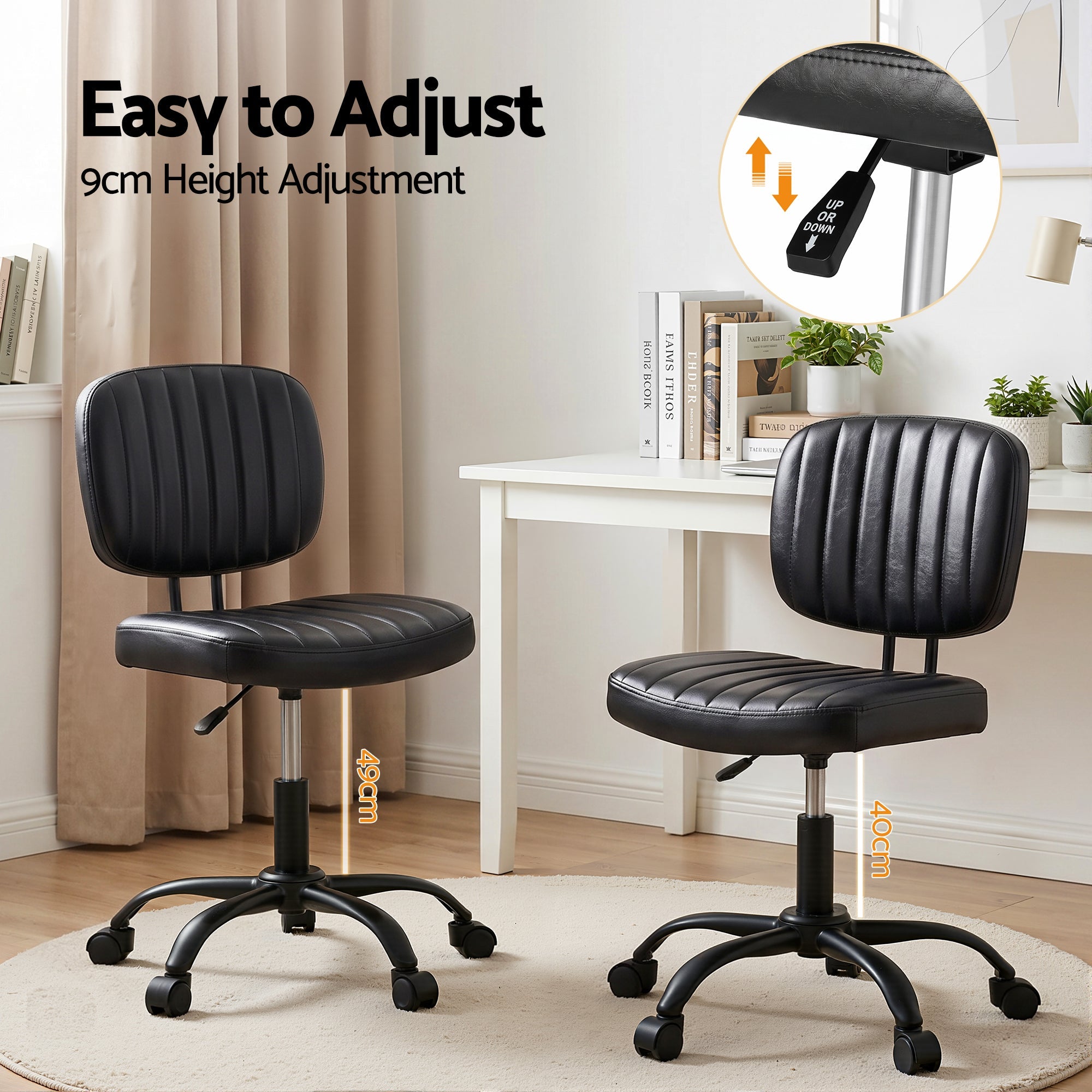Artiss Armless Office Chair Ergonomic Swivel Home Office Desk Chair PU Leather Black