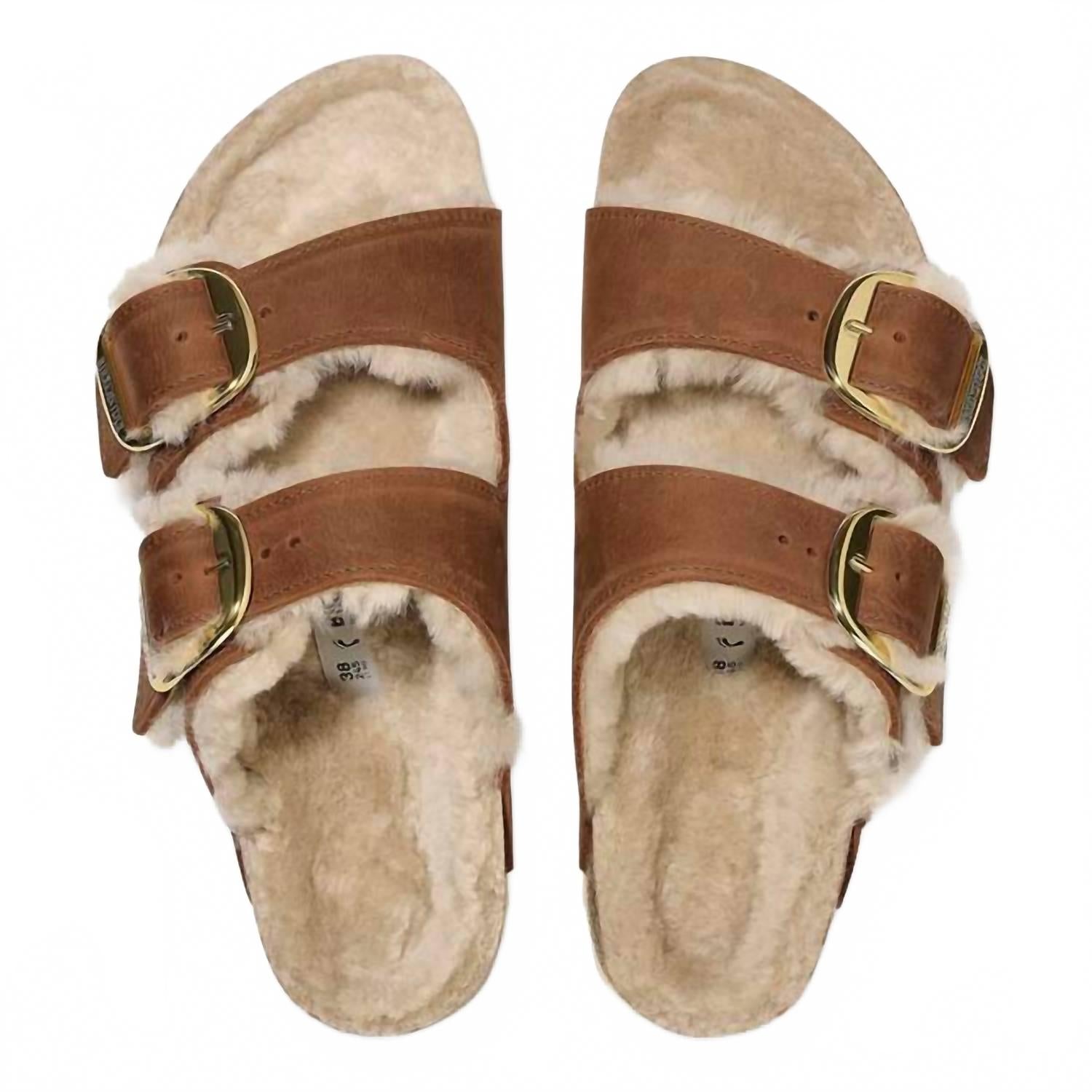 Women's Arizona Big Buckle Shearling Sandals In Cognac