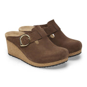 Women's Fanny Ring Buckle Suede Leather Wedge Shoes In Dark Tea