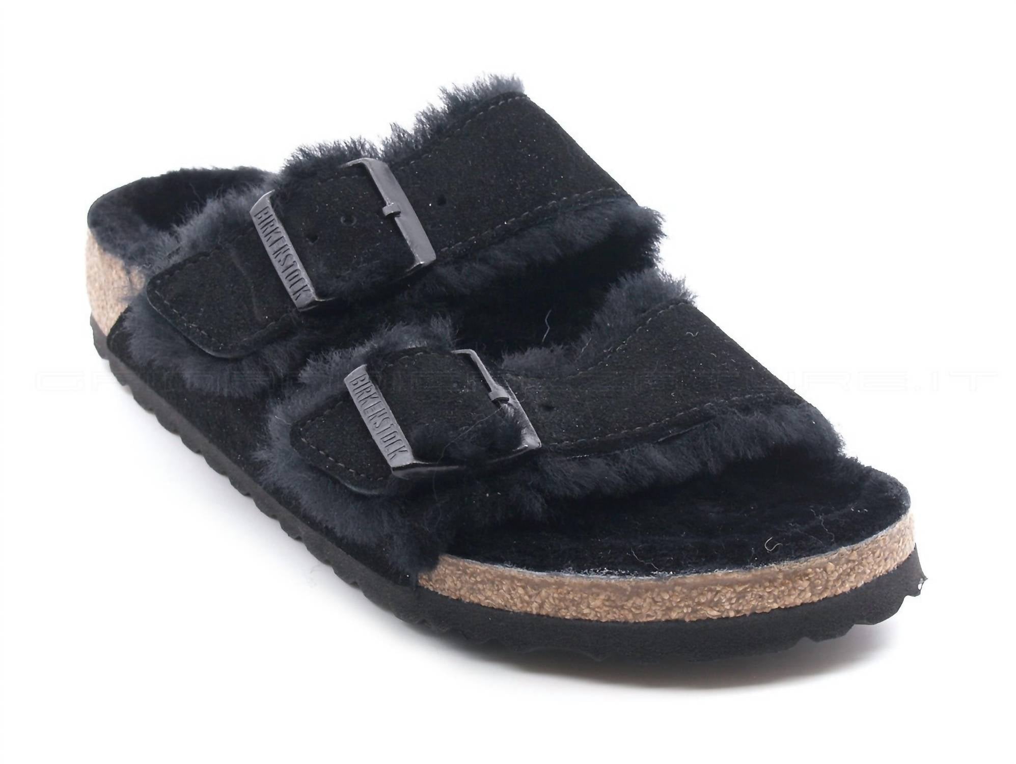 Women's Arizona Two Buckle Shearling Suede Sandals - Narrow In Black