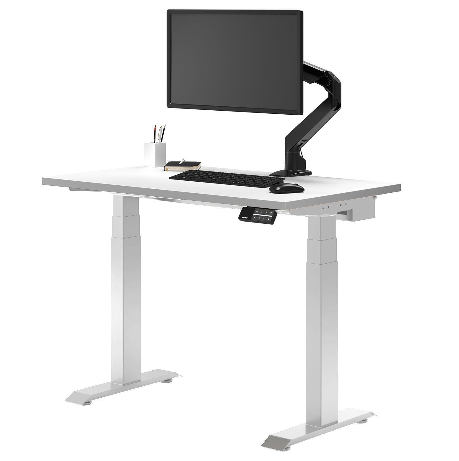 Desky Dual Mini Sit Stand Desk 900x500 White Desktop and White Frame
