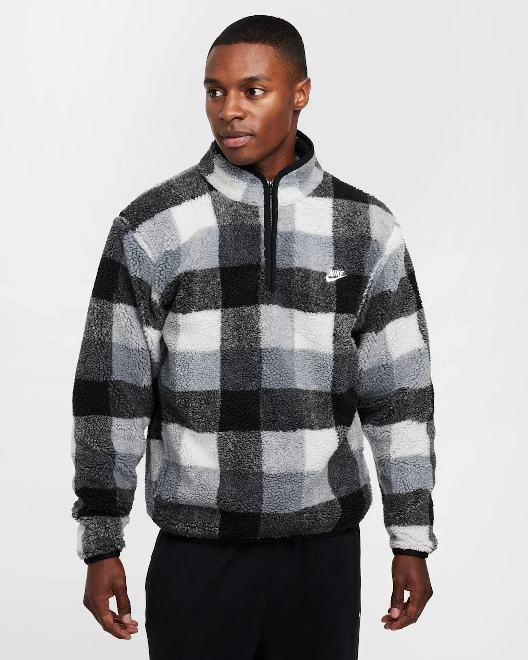 Nike Club Sweatshirt Men's Black White Plaid Fleece Winterized 1/2 Zip DSGL343