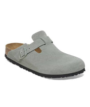 Unisex Boston Soft Footbed Suede Leather Narrow Fit Clogs In Pure Sage