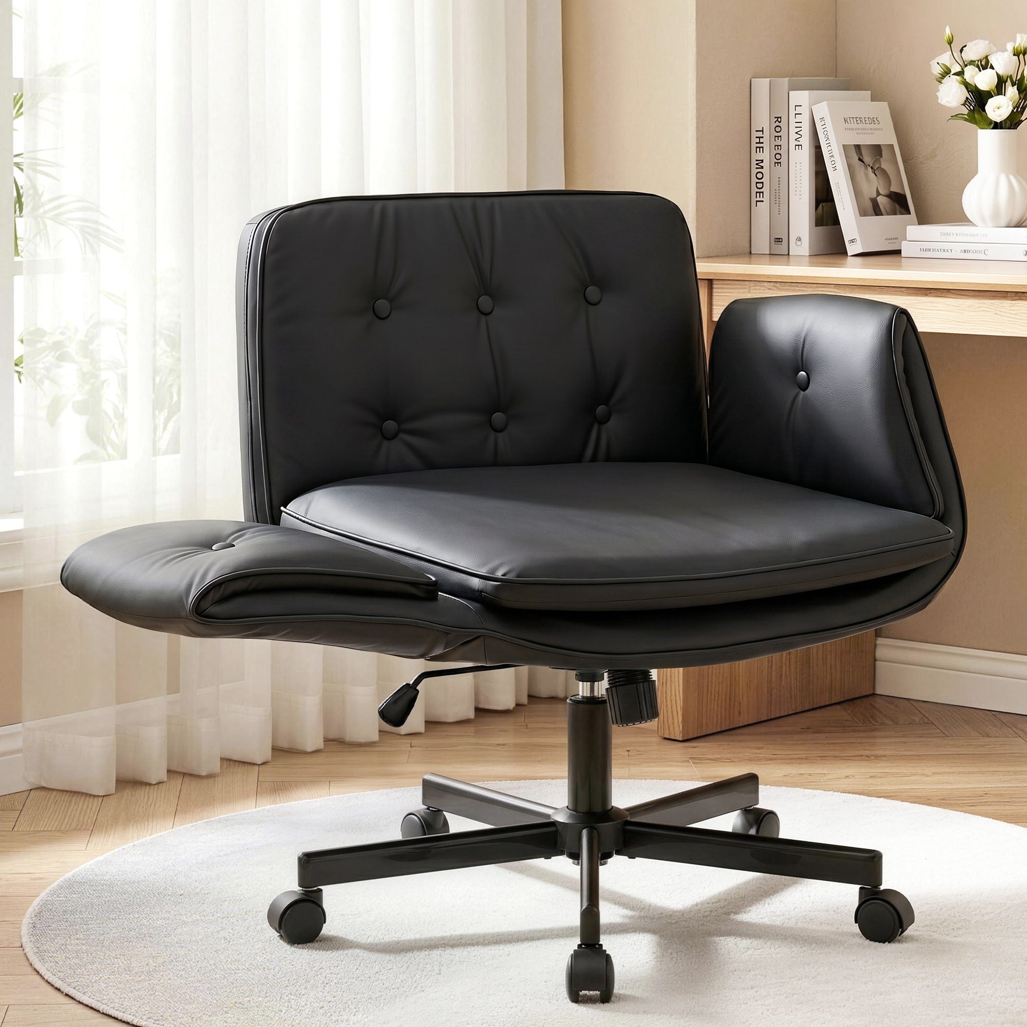 Artiss Criss Cross Legged Office Chair PU with Wheels & Adjustable Armrests Black