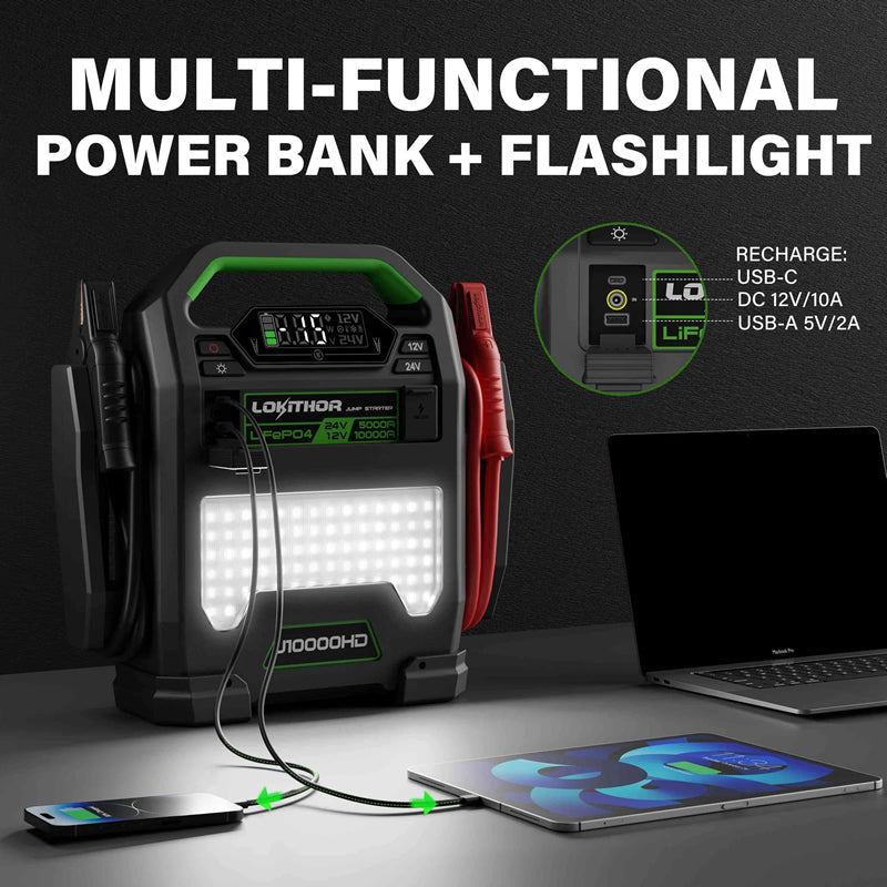 Lokithor J10000HD Big Dog 3-in-1 Truck Jump Starter 12v / 24v + USB Power Bank + LED Torch