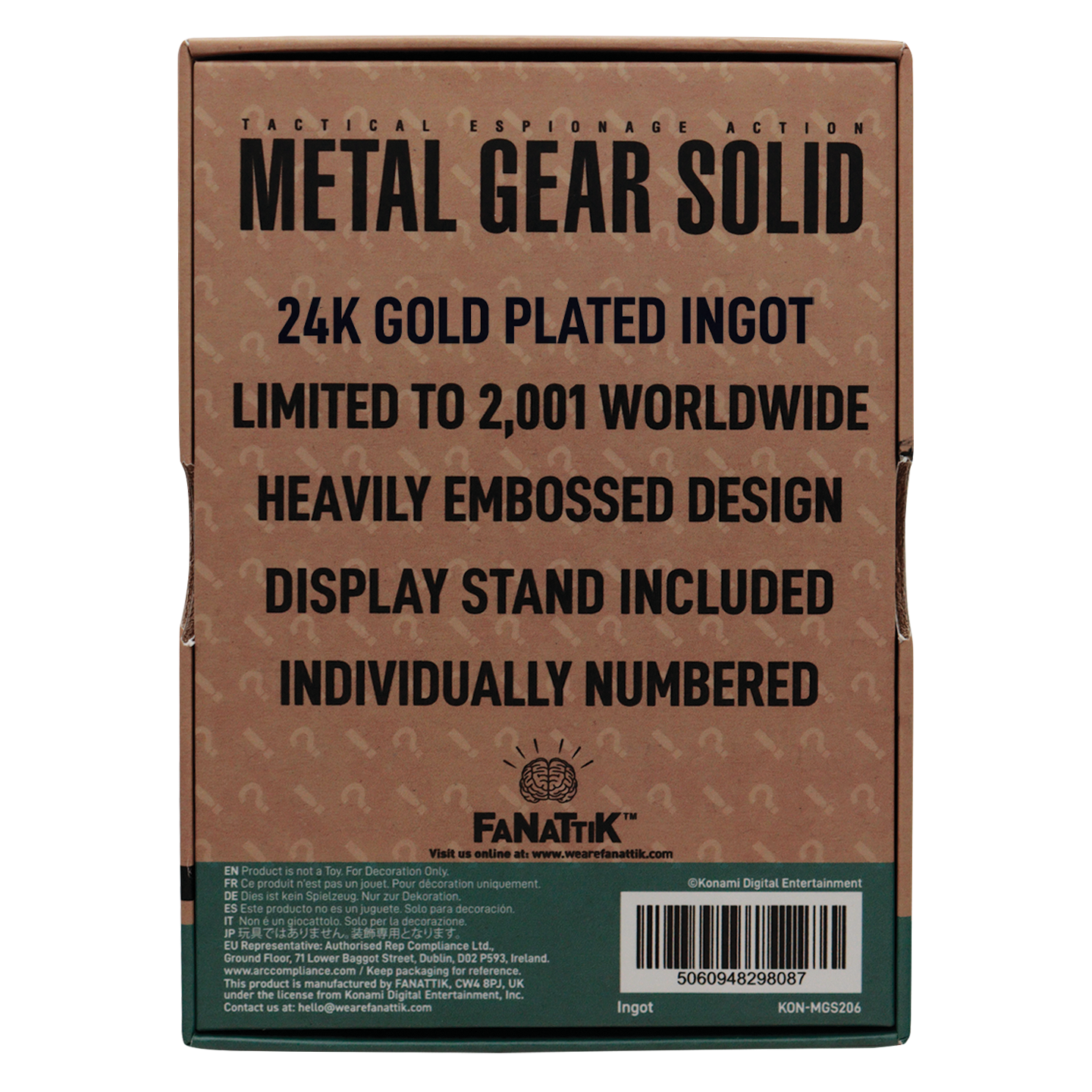 Fanattik Limited Edition Metal Gear Solid 2 24k Gold Plated Raiden Ingot