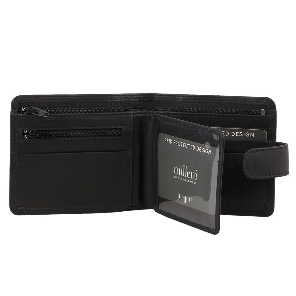 Milleni Men's Leather Tab Cash/Card Zone Protected RFID Wallet 11.5cm Black