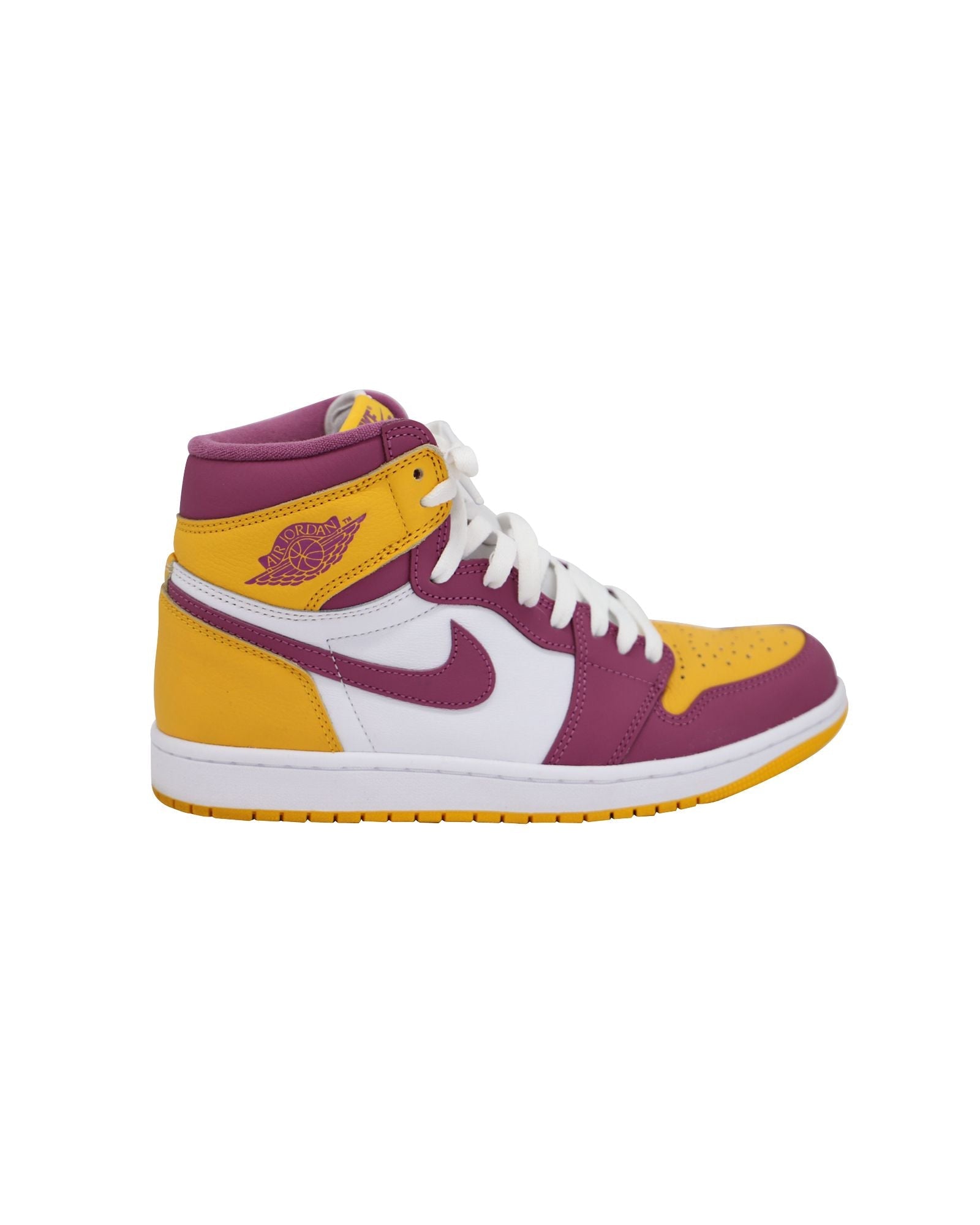 Nike Air Jordan 1 Retro High Top Sneakers in University Gold Light Bordeaux Leather