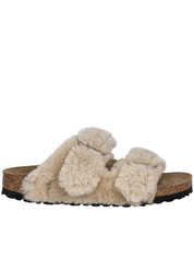 Slip-On Shearling Sandals with Contoured Cork Footbed