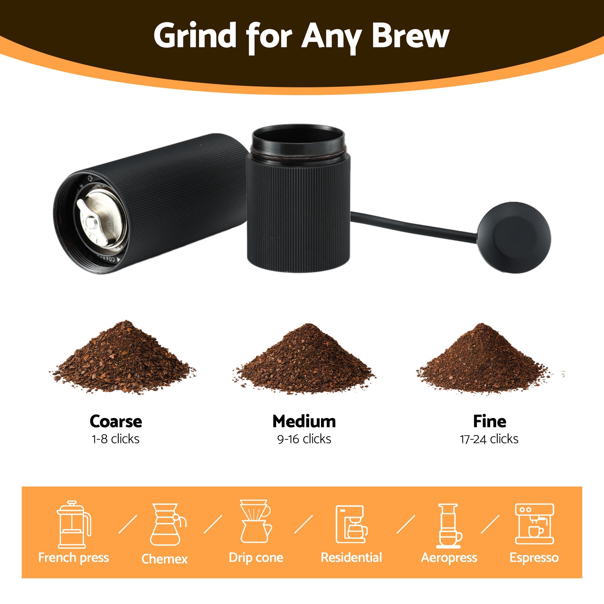 Devanti Manual Coffee Grinder with 24 Precise Settings Portable Hand Bean Burr Mill Black with Brush