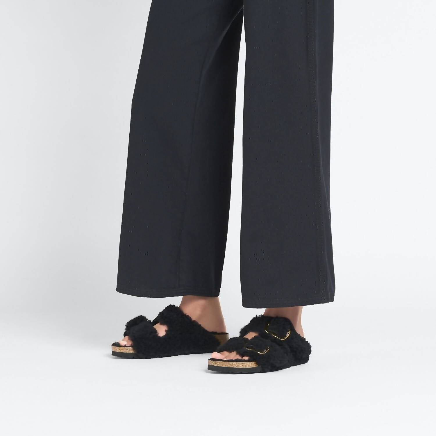 Women's Arizona Big Buckle Shearling Teddy Sandals In Black