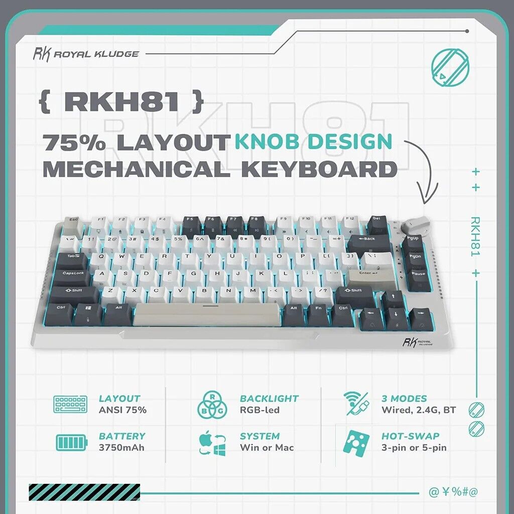 Royal Kludge RKH81 Tri Model RGB Hot Swap Mechanical Keyboard (White with Blue Switch)