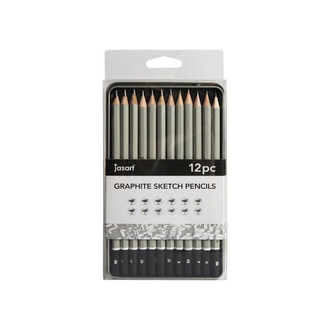 12pc Jasart Studio Graphite Sketch Pencil Tin Set - Grey