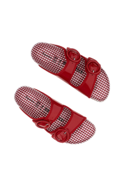 Ballet Flat Red Patent Leather Arizona Sandal with Round Buckles