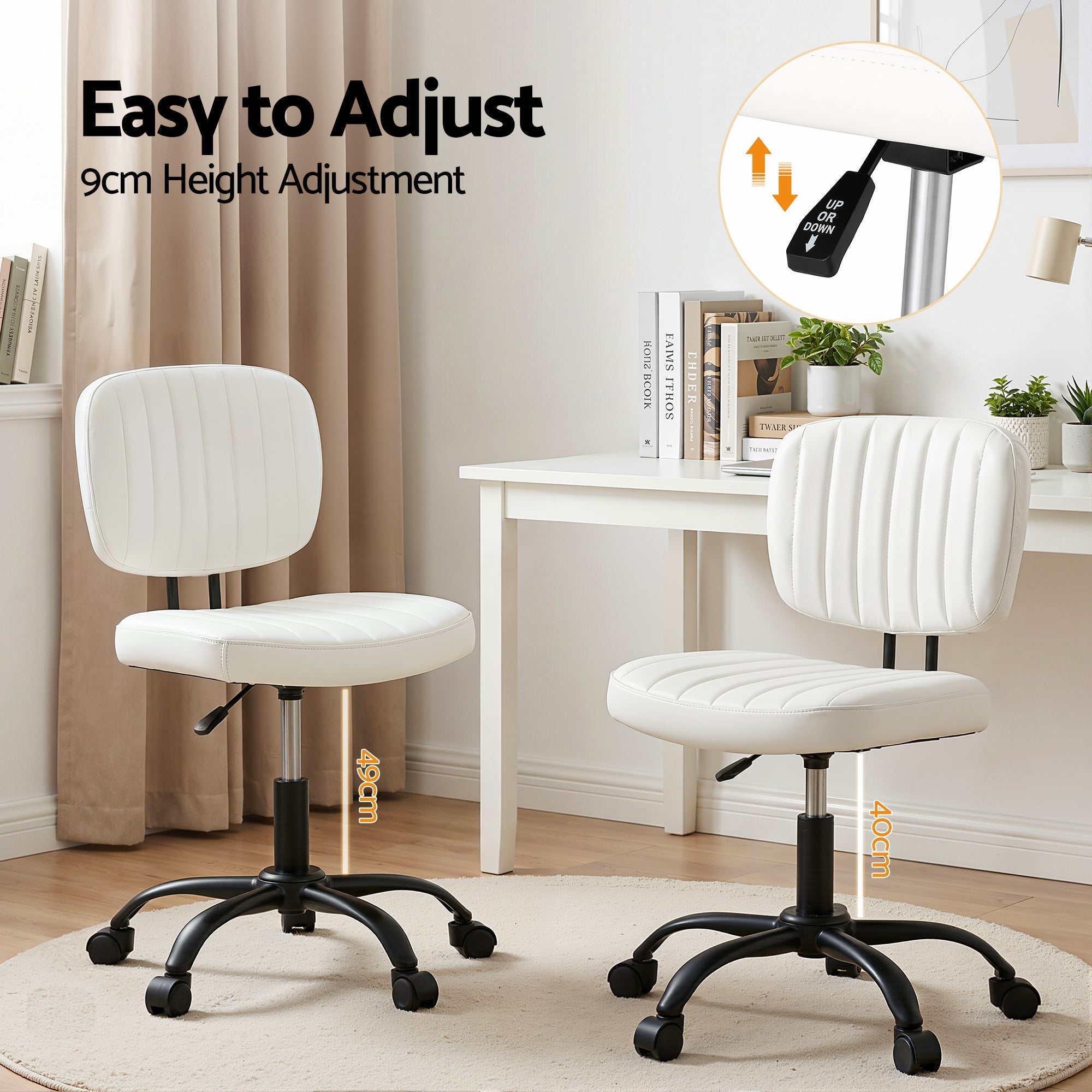 Artiss Armless Office Chair Ergonomic Swivel Home Office Desk Chair PU Leather White