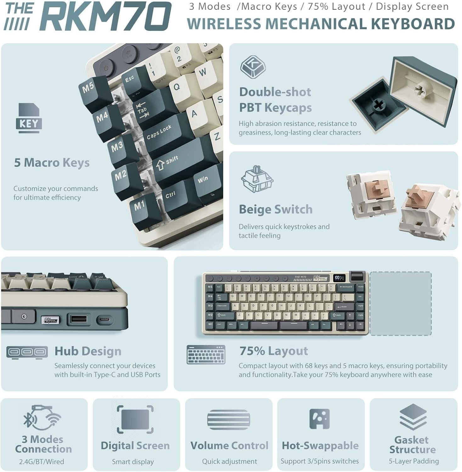 Royal Kludge RK M70 Tri Mode RGB Hot Swap Mechanical Keyboard with TFT Screen