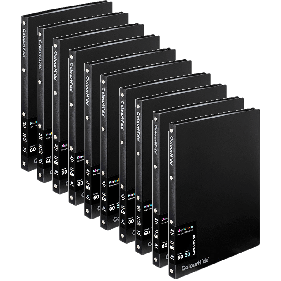 10 Pack Colourhide Refillable Display Book 20 Pockets Medium Weight A4 Black