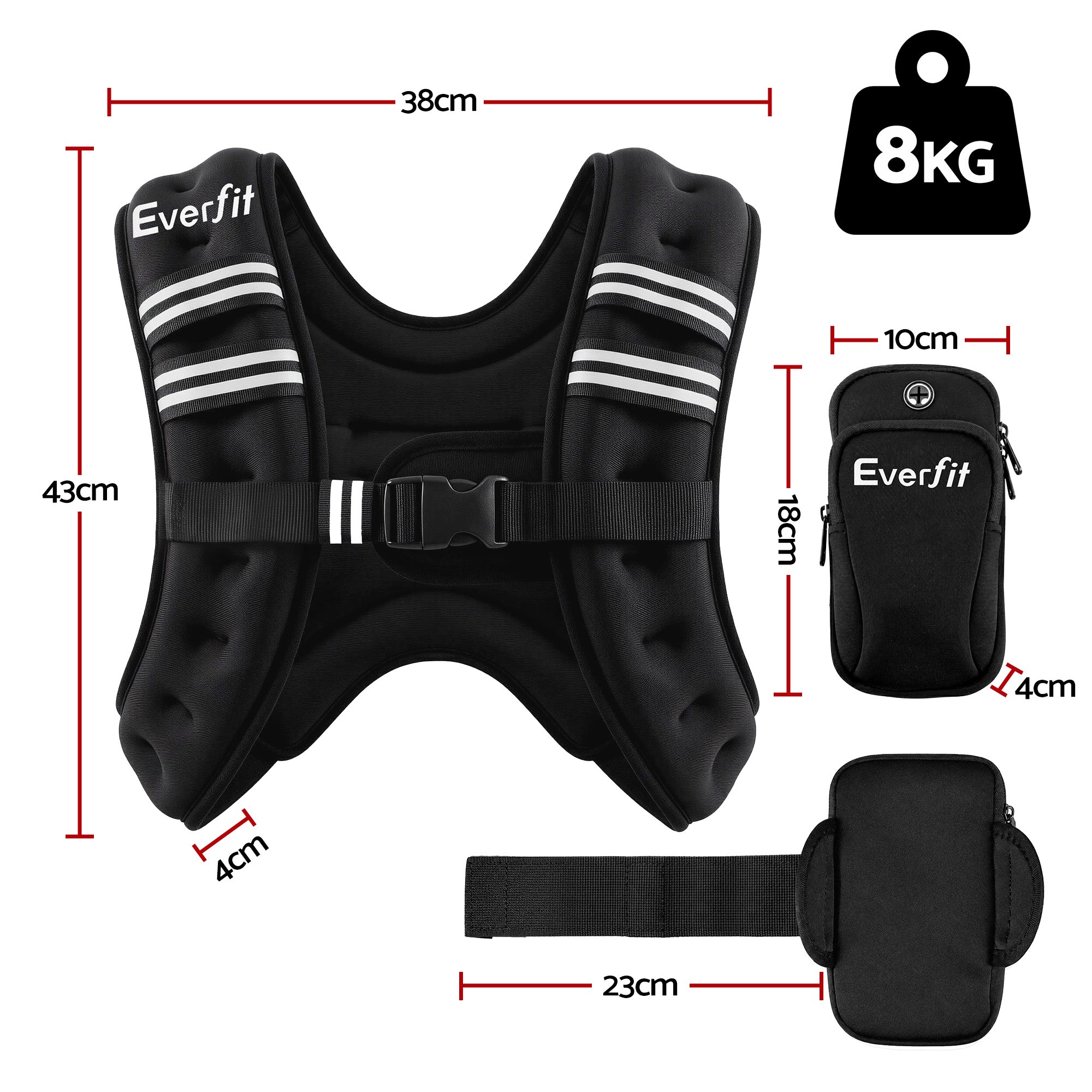 Everfit 8kg Weighted Vest Men Women, Reflective Running Vest with Armband Pouch