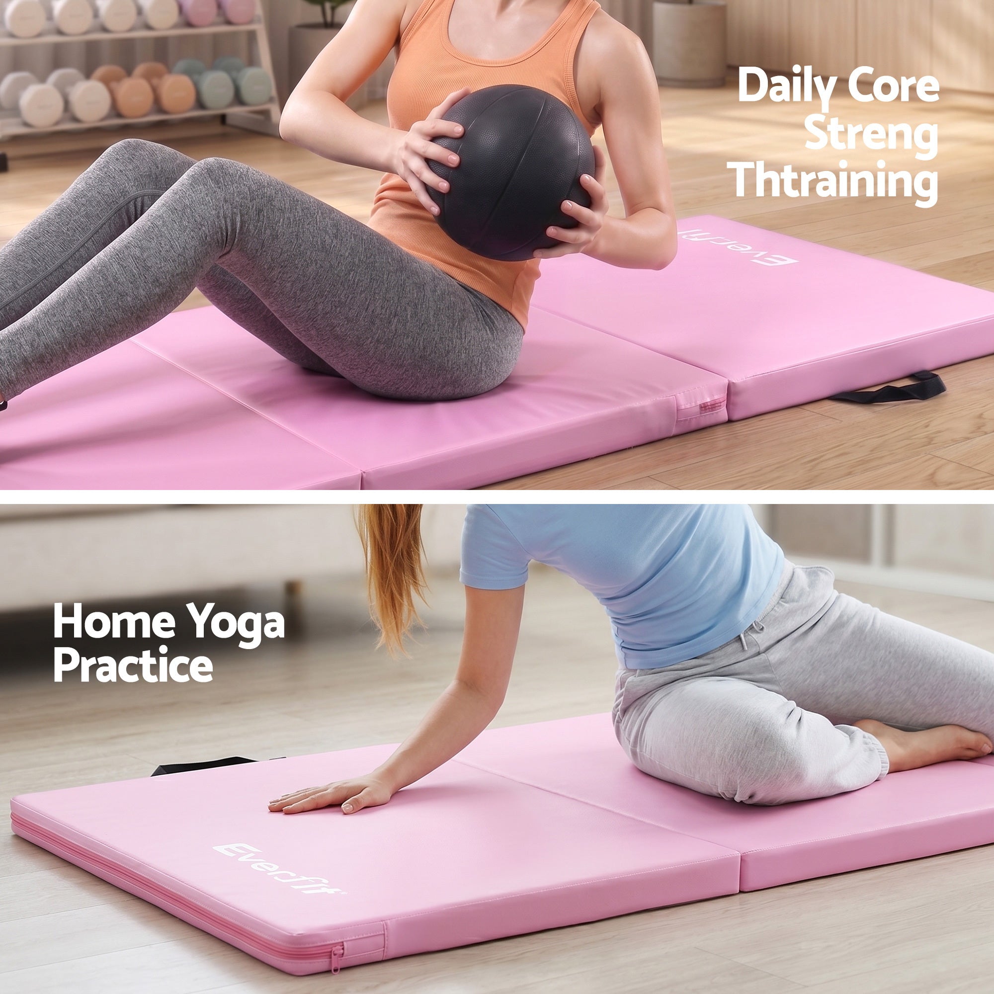 Everfit Gymnastics Mats Folding Exercise Floor Mat Portable 3 Fold Tumbling Mat Pink