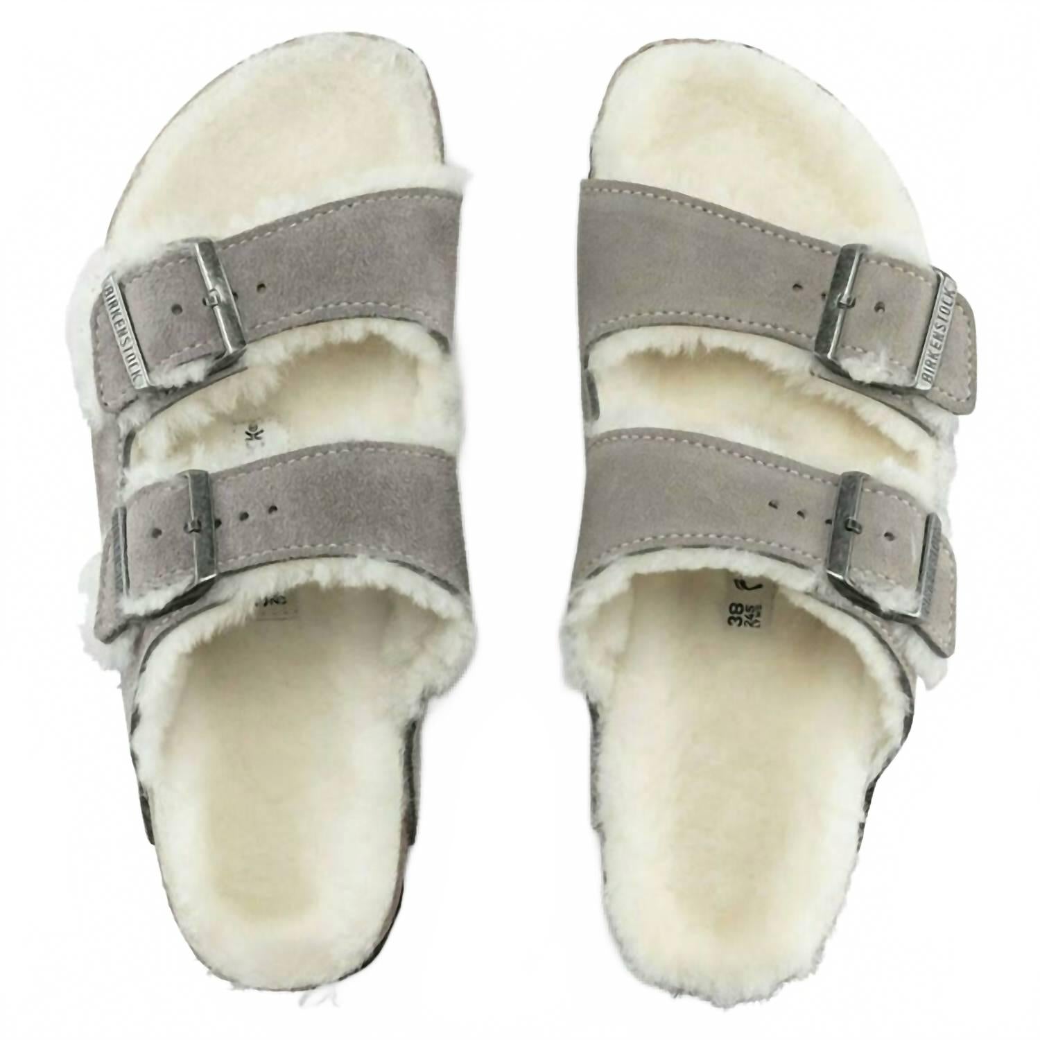 Women's Arizona Shearling Suede Leather Sandals - Narrow In Stone Coin