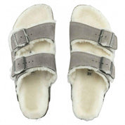 Women's Arizona Shearling Suede Leather Sandals - Narrow In Stone Coin