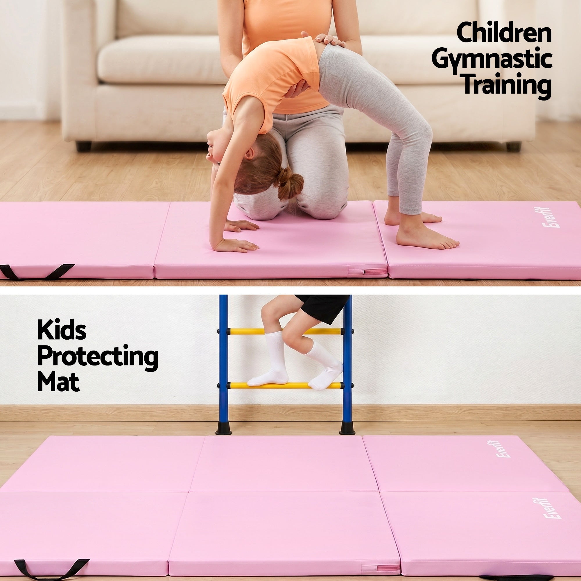 Everfit Gymnastics Mats Folding Exercise Floor Mat Portable 3 Fold Tumbling Mat Pink