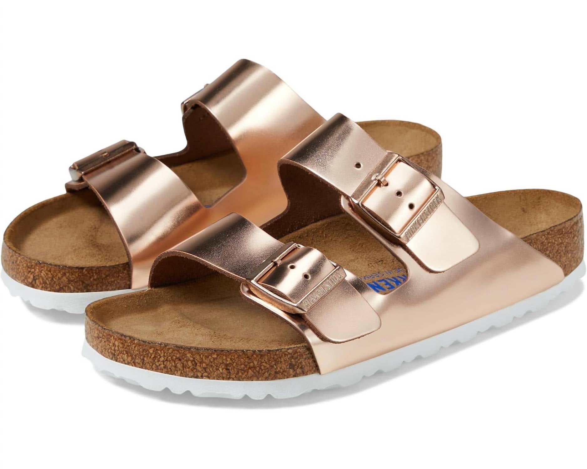 Women's Arizona Soft Footbed Narrow Sandals In Metallic Copper Leather