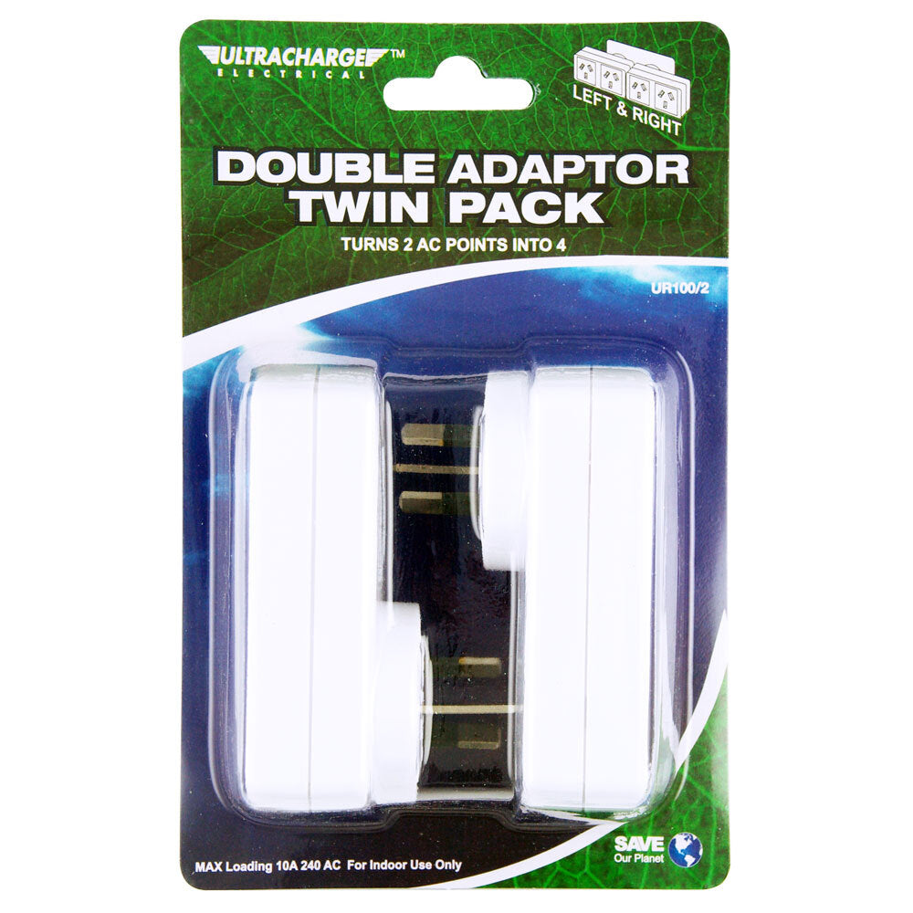 3x Ultracharge Double AC Adapter Twin L&R 4 Outlet Plug Extender (White)
