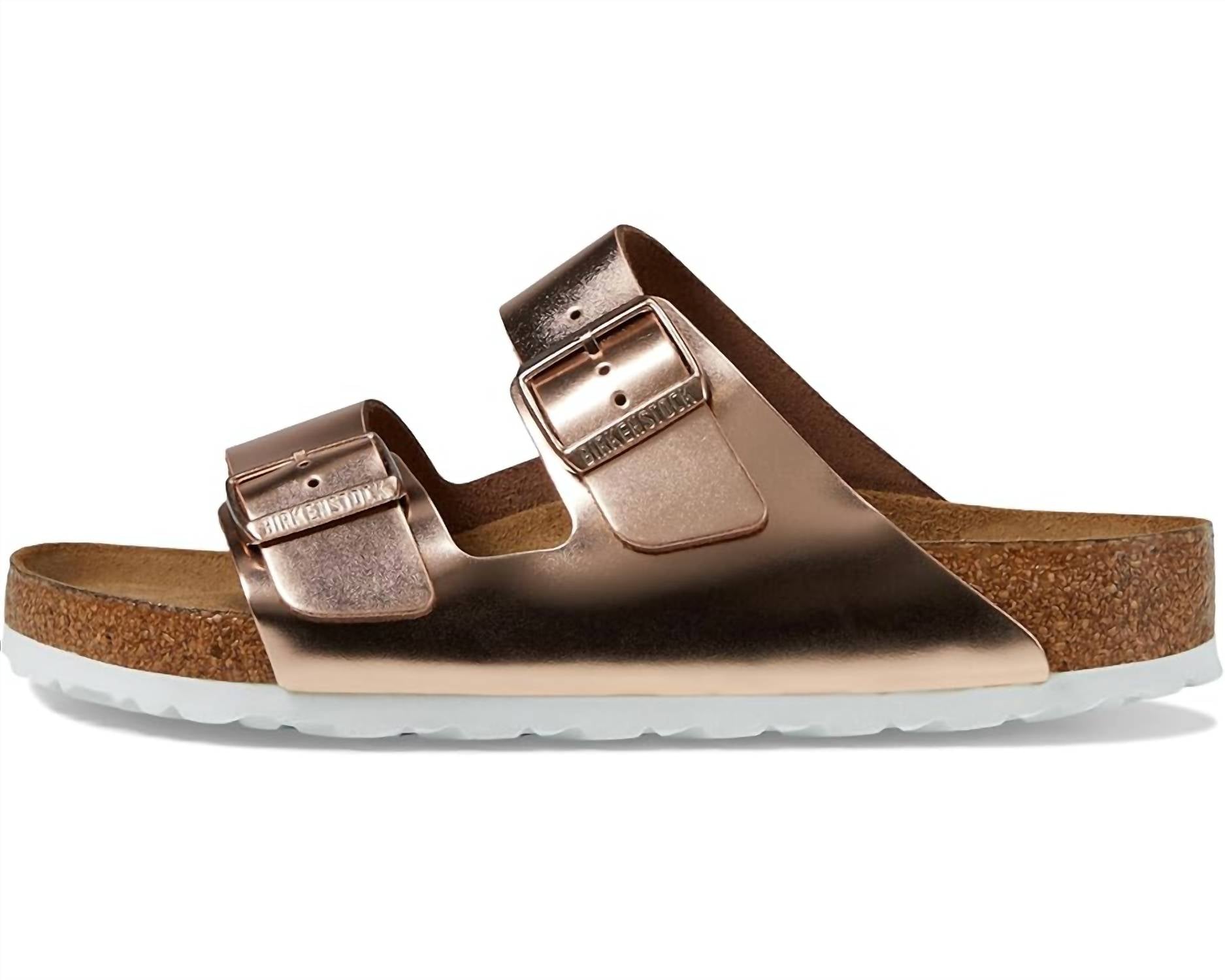 Women's Arizona Soft Footbed Narrow Sandals In Metallic Copper Leather