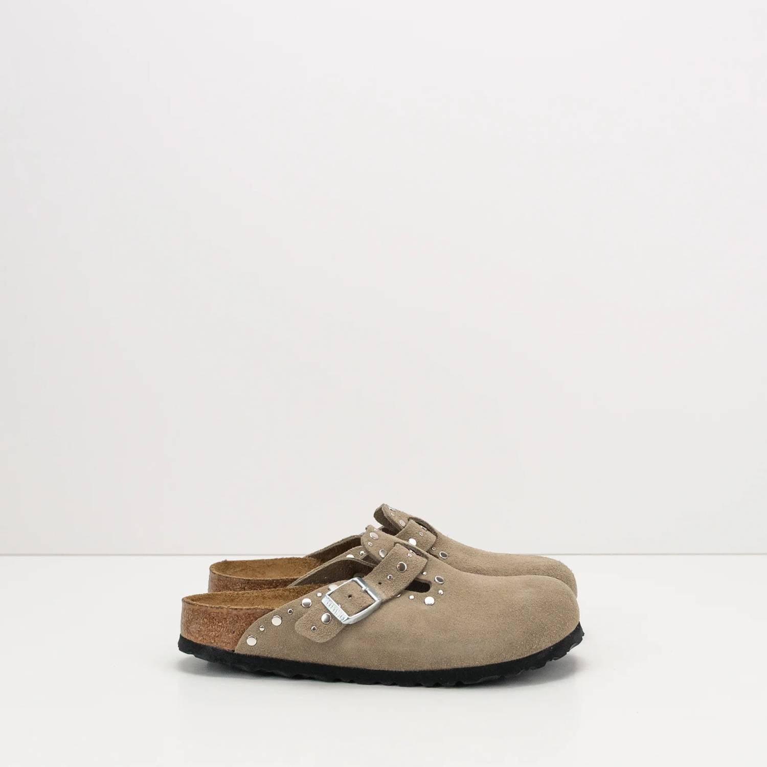 Women's Boston Rivet Suede Clog In Taupe