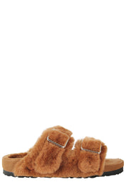 Caramel Shearling Slippers With Adjustable Double Strap