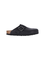 Slip-On Mules with Rounded Toe and Metal Buckle Detail