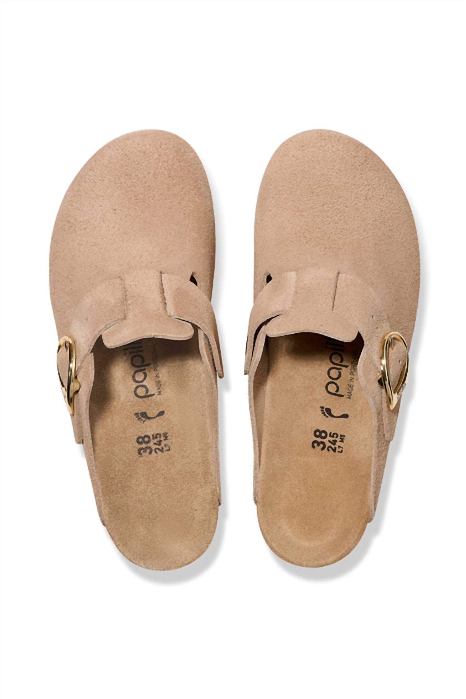 Women's Fanny Ring-Buckle Suede Leather Clogs In Warm Sand