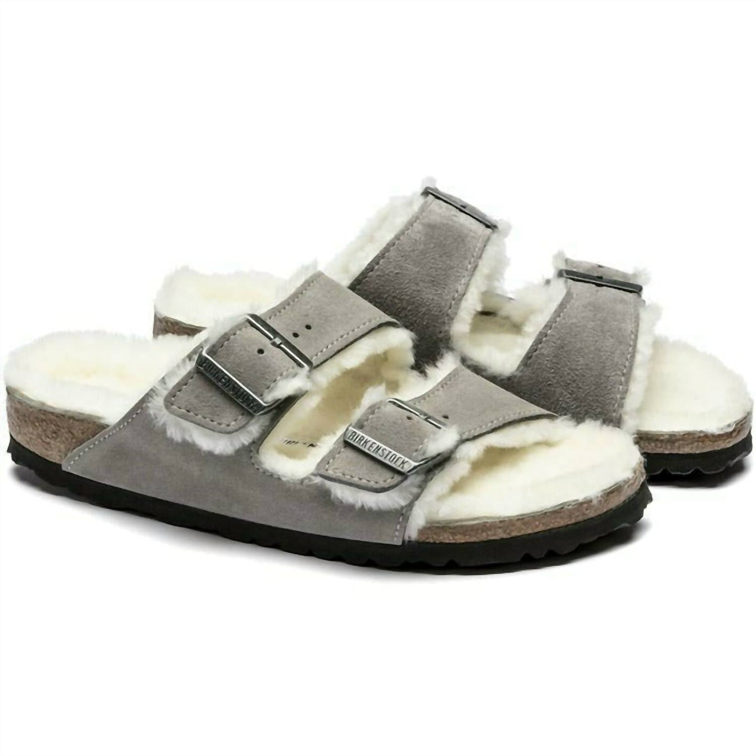 Women's Arizona Shearling Suede Leather Sandals - Narrow In Stone Coin