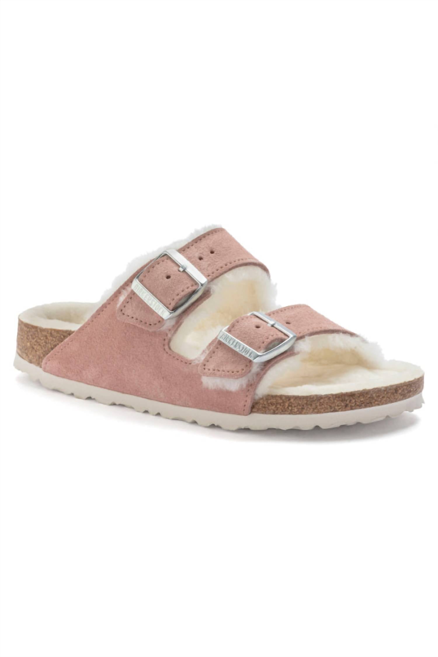 Women's Arizona Shearling Suede Narrow Sandals In Pink Clay