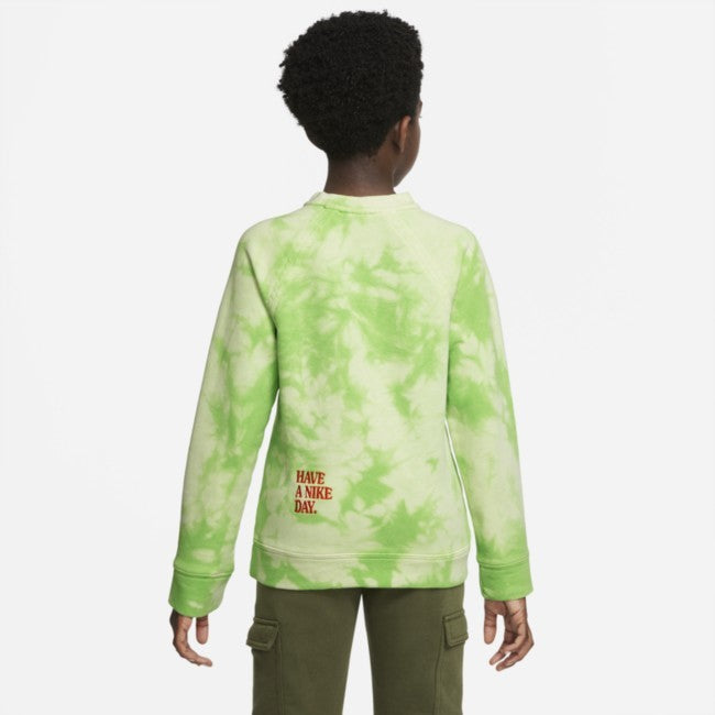 Kids Nike NSW HBR Crew Hoodie Green Tie-Dye Cotton Stretch Pullover GBO260