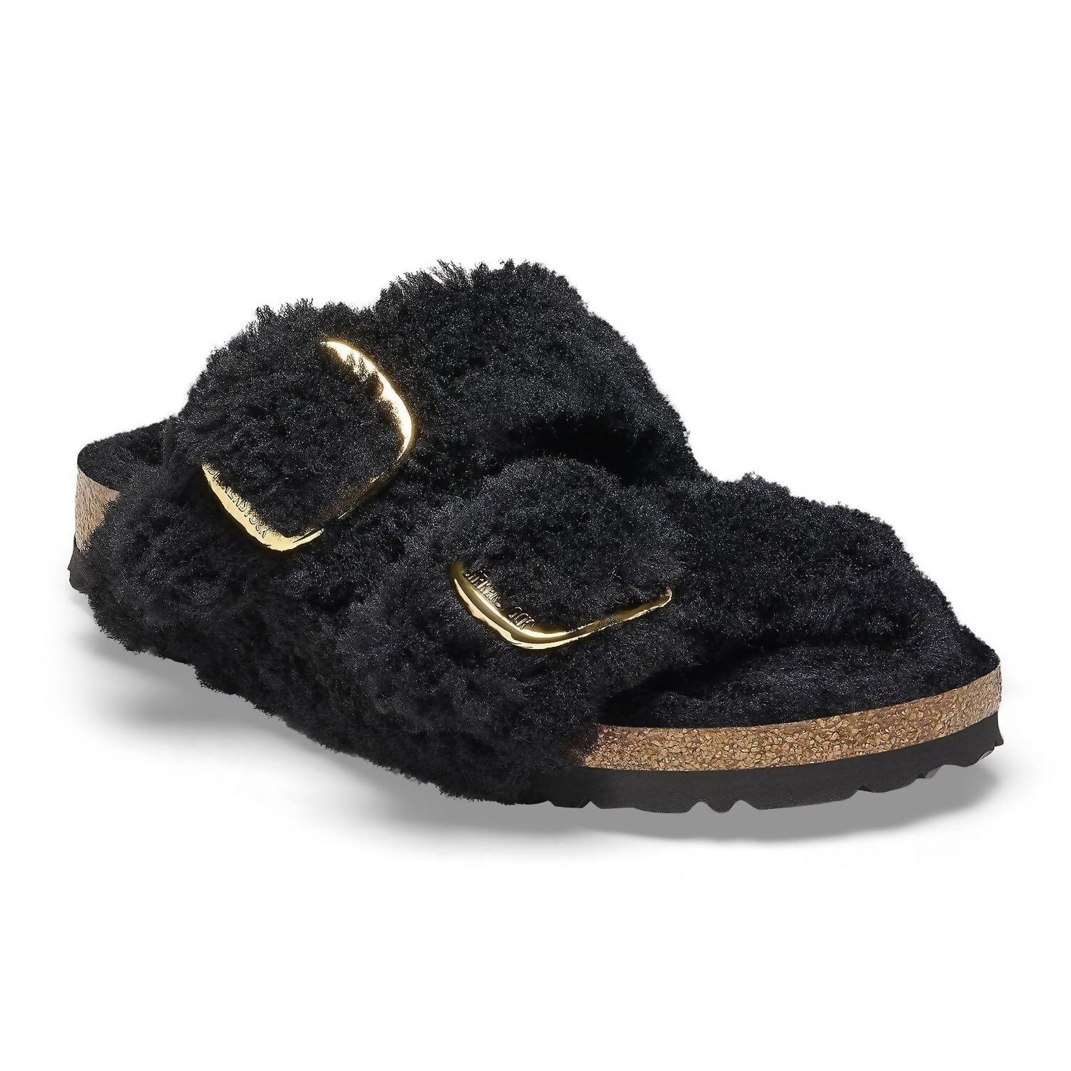 Women's Arizona Big Buckle Shearling Teddy Sandals In Black