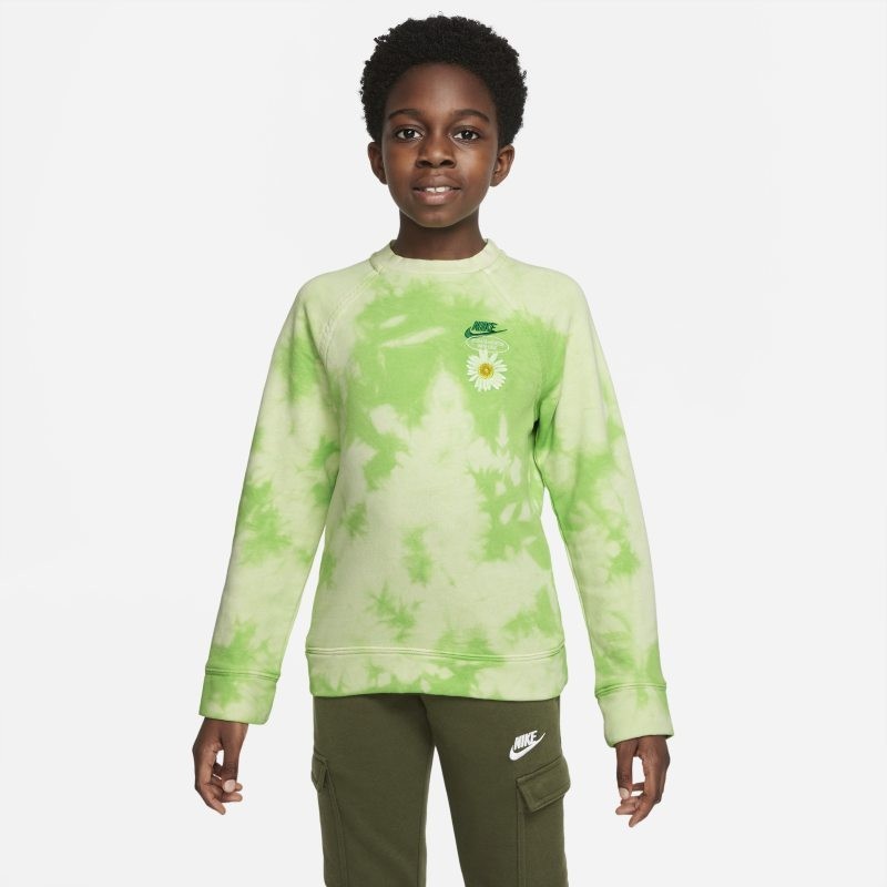 Kids Nike NSW HBR Crew Hoodie Green Tie-Dye Cotton Stretch Pullover GBO260