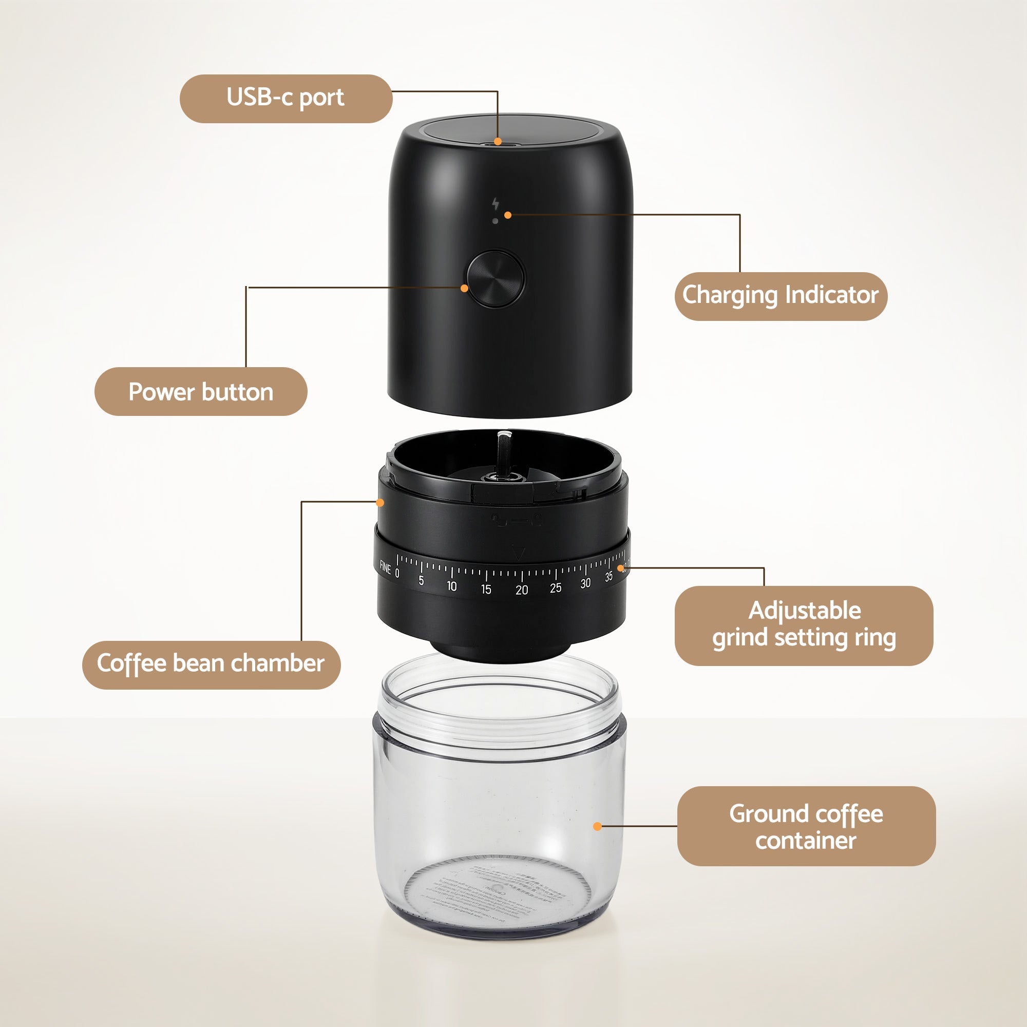 Devanti Portable Electric Coffee Grinder USB-C Rechargeable Spice Mill with 40 Settings Home Office