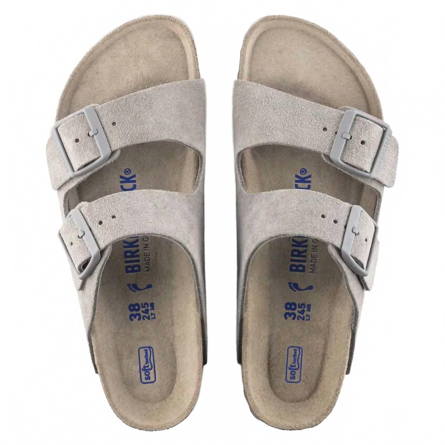 Arizona Soft Footbed Sandal In Stone Coin Suede Leather