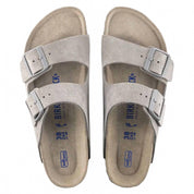 Arizona Soft Footbed Sandal In Stone Coin Suede Leather